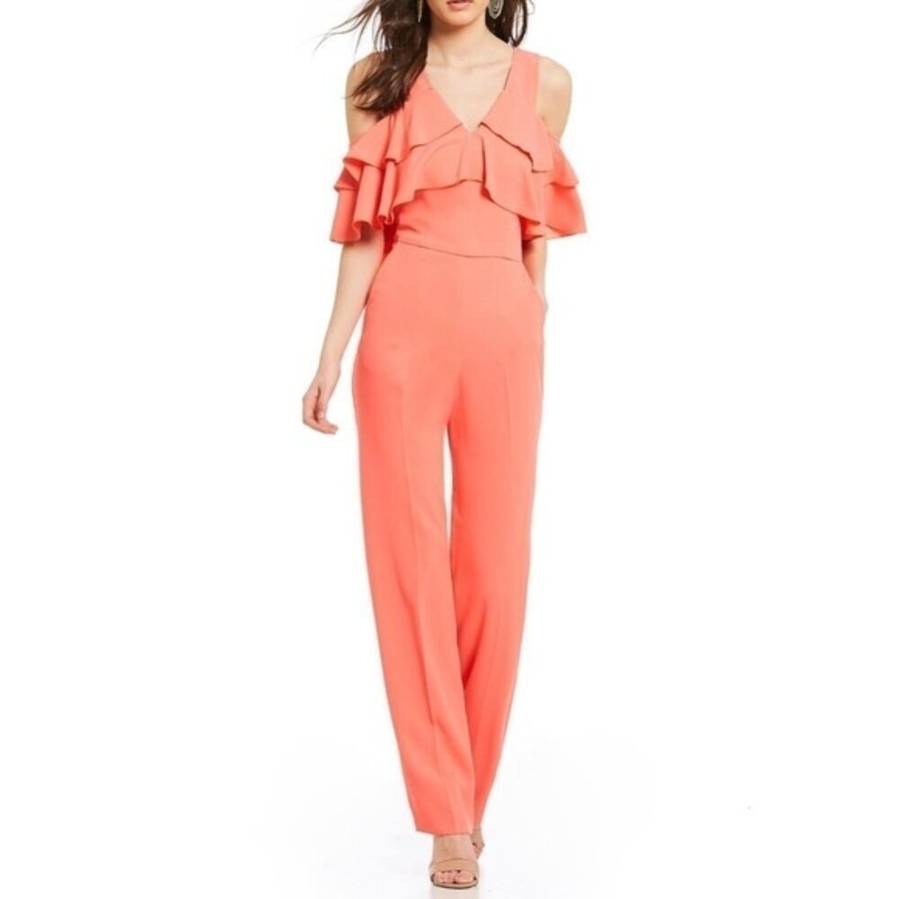 Trina Turk Women’s Coral Crepe Josephine Cold-Shoulder Ruffle Jumpsuit. …